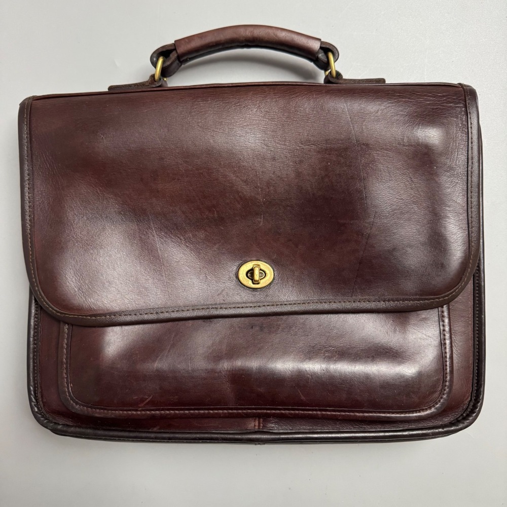 Vintage Leather Briefcase Laptop Bag Mahogany Brown Turnlock Satchel Bag